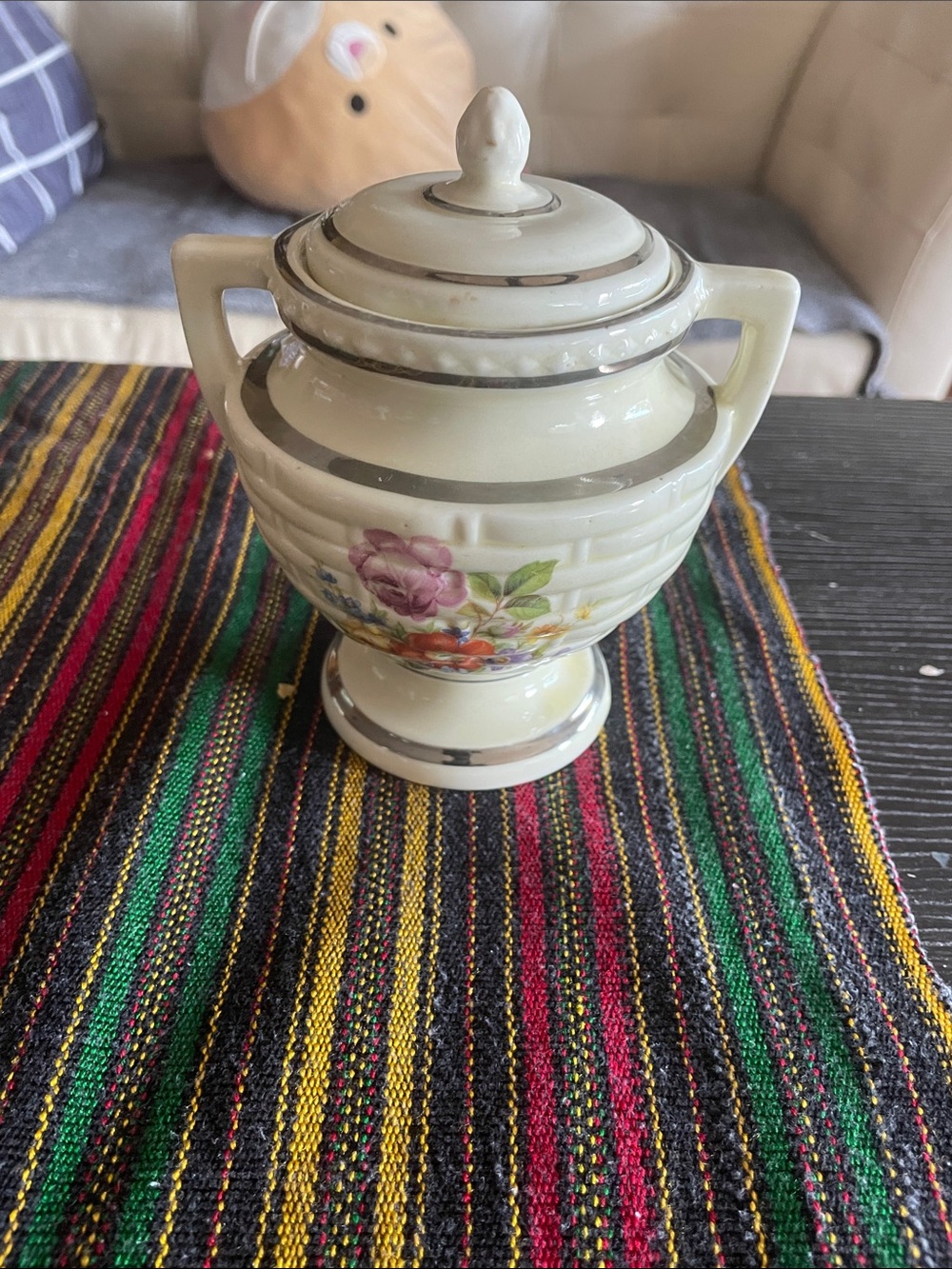 Vintage Floral Ceramic Covered Jar - Cream with Multicolor Flowers